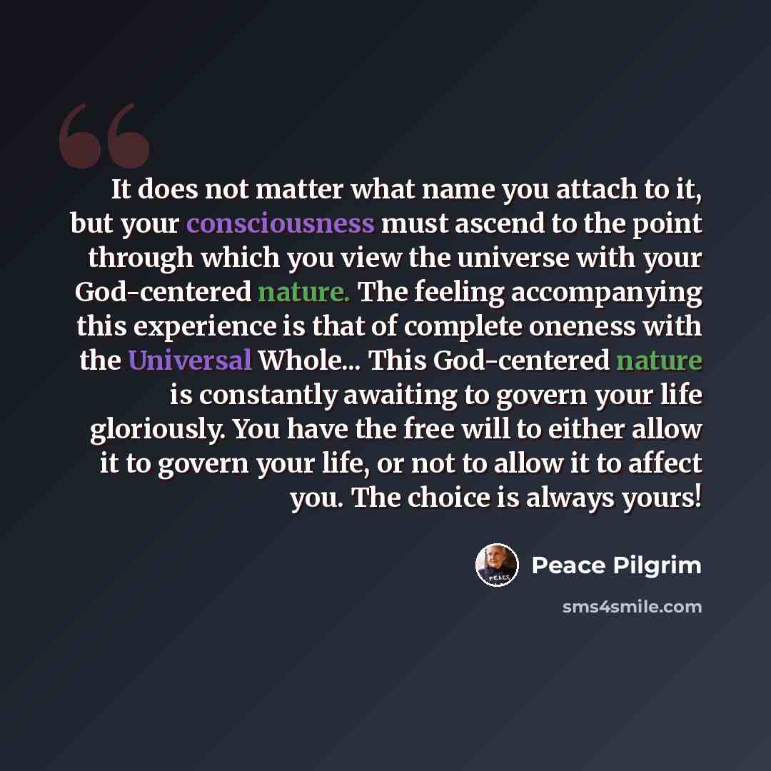 “It does not matter what name you attach to it, but your consciousness must ascend to the point through which you view the universe with your God-centered nature. The feeling accompanying this experience is that of complete oneness with the Universal Whole... This God-centered nature is constantly…” quote by Peace Pilgrim