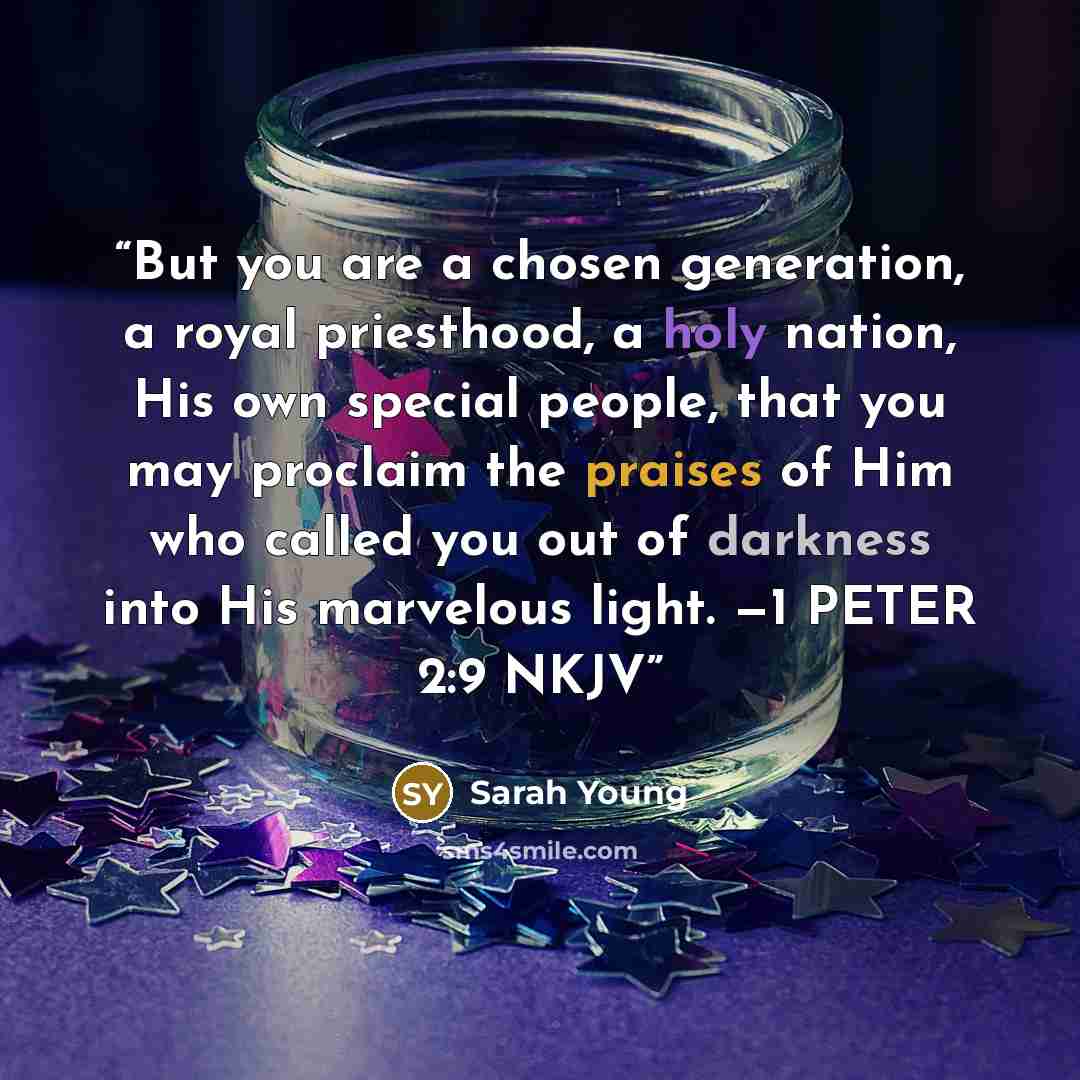 “But you are a chosen generation, a royal priesthood, a holy nation, His own special people, that you may proclaim the praises of Him who called you out of darkness into His marvelous light. —1 PETER 2:9 NKJV” quote by Sarah Young