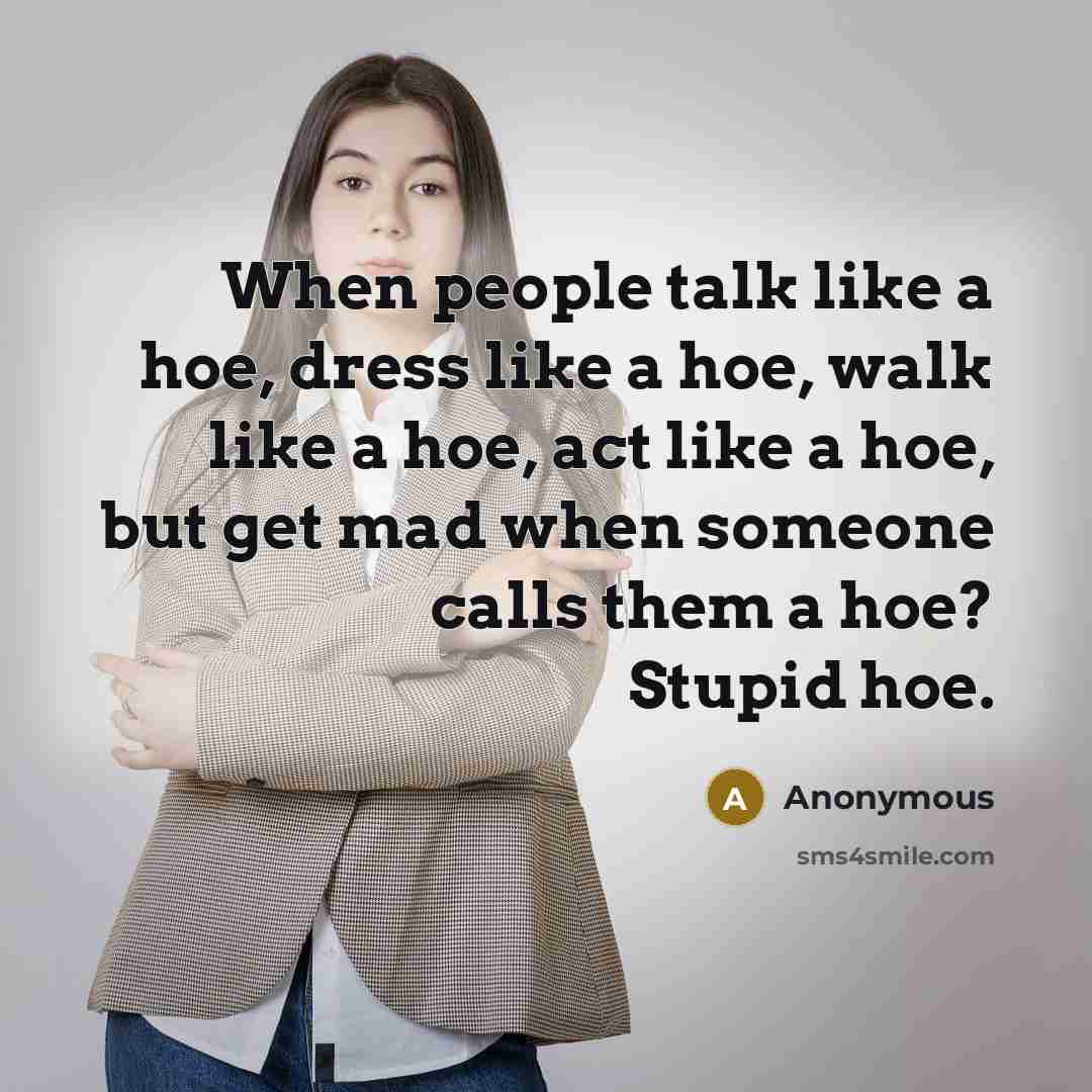 “When people talk like a hoe, dress like a hoe, walk like a hoe, act like a hoe, but get mad when someone calls them a hoe? Stupid hoe.” quote by Anonymous