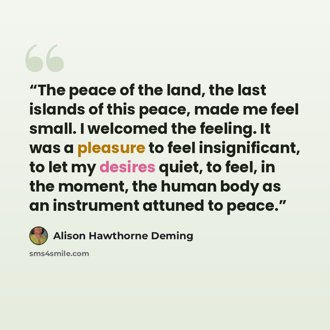 “The peace of the land, the last islands of this peace, made me feel small. I welcomed the feeling. It was a pleasure to feel insignificant, to let my desires quiet, to feel, in the moment, the human body as an instrument attuned to peace.” quote by Alison Hawthorne Deming