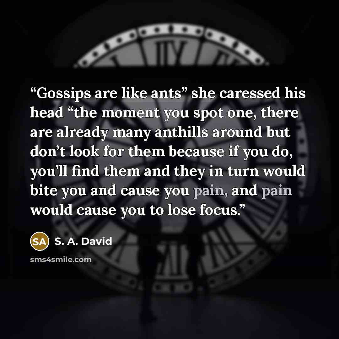 “Gossips are like ants” she caressed his head “the moment you spot one, there are already many anthills around but don’t look for them because if you do, you’ll find them and they in turn would bite you and cause you pain, and pain would cause you to lose focus.” quote by S. A. David