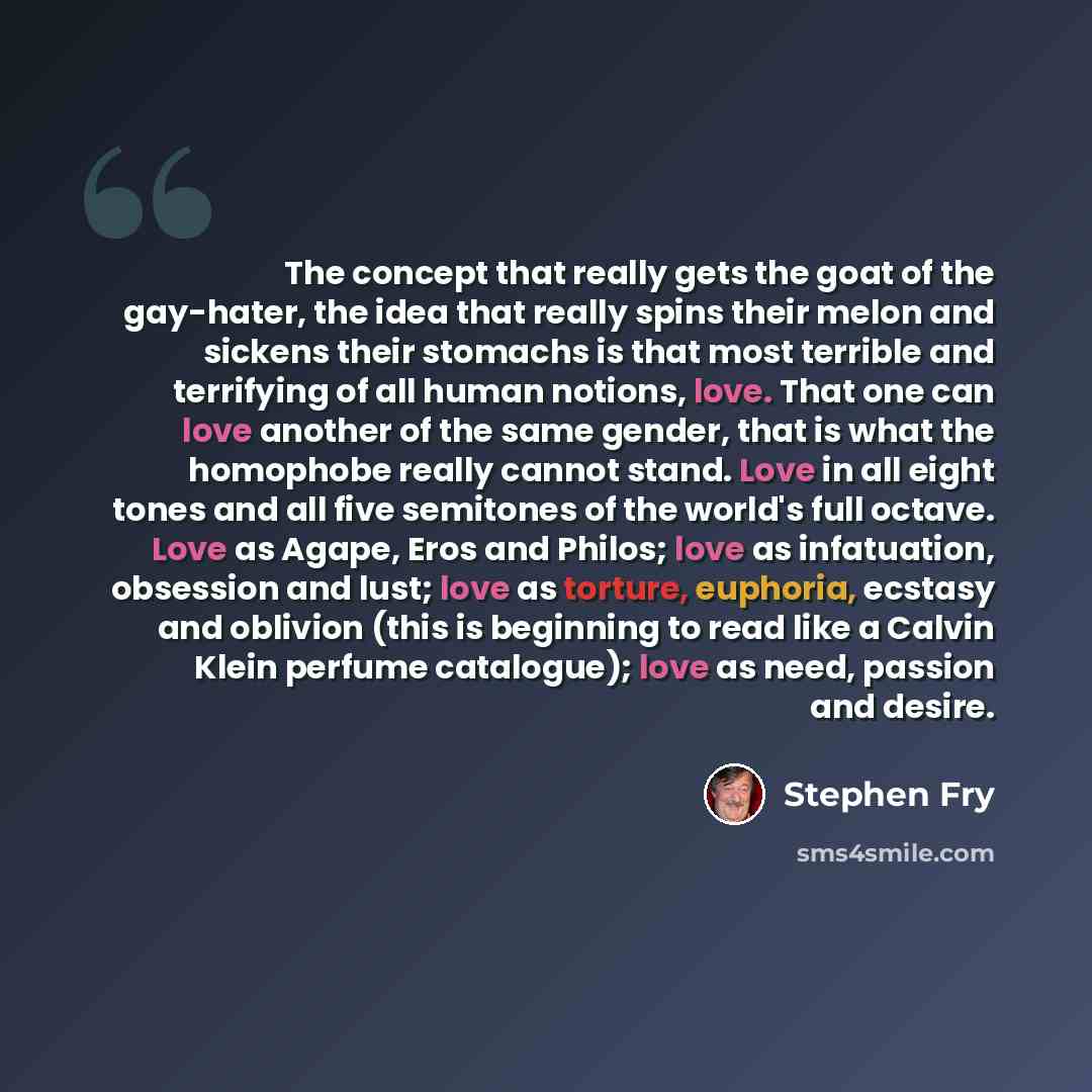 “The concept that really gets the goat of the gay-hater, the idea that really spins their melon and sickens their stomachs is that most terrible and terrifying of all human notions, love. That one can love another of the same gender, that is what the homophobe really cannot stand. Love in all eight…” quote by Stephen Fry