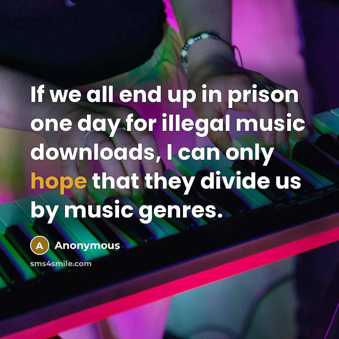 “If we all end up in prison one day for illegal music downloads, I can only hope that they divide us by music genres.” quote by Anonymous