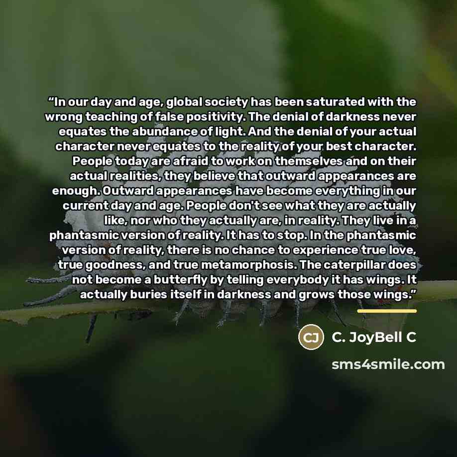 “In our day and age, global society has been saturated with the wrong teaching of false positivity. The denial of darkness never equates the abundance of light. And the denial of your actual character never equates to the reality of your best character. People today are afraid to work on themselves…” quote by C. JoyBell C