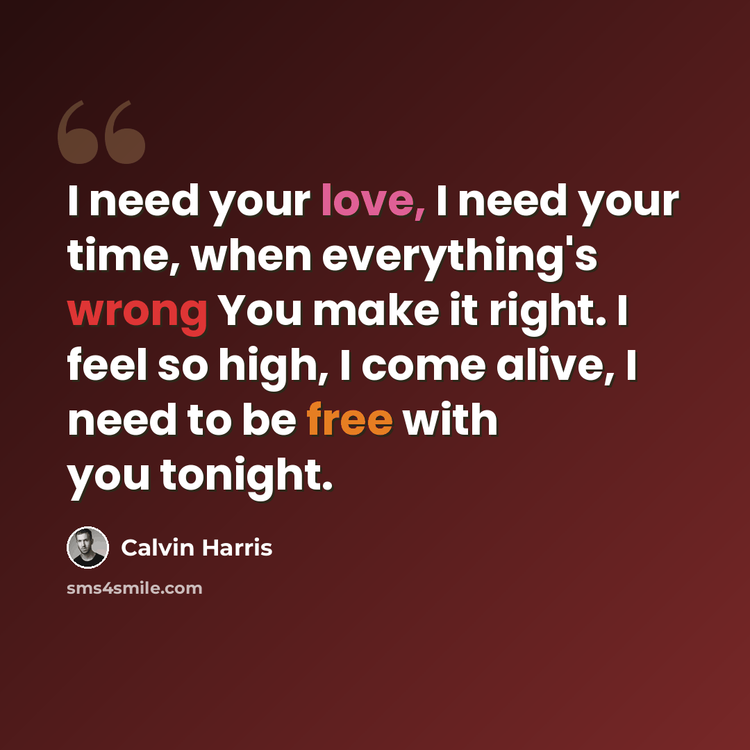 “I need your love, I need your time, when everything's wrong You make it right. I feel so high, I come alive, I need to be free with you tonight.” quote by Calvin Harris