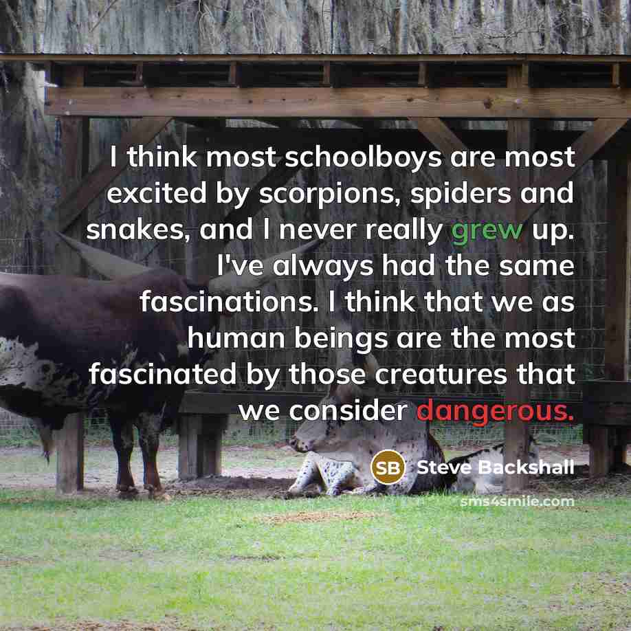 “I think most schoolboys are most excited by scorpions, spiders and snakes, and I never really grew up. I've always had the same fascinations. I think that we as human beings are the most fascinated by those creatures that we consider dangerous.” quote by Steve Backshall