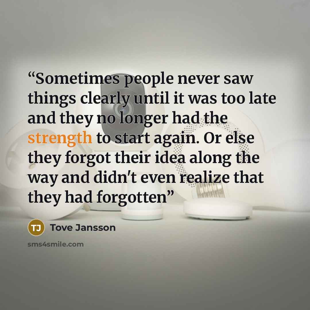 “Sometimes people never saw things clearly until it was too late and they no longer had the strength to start again. Or else they forgot their idea along the way and didn't even realize that they had forgotten” quote by Tove Jansson