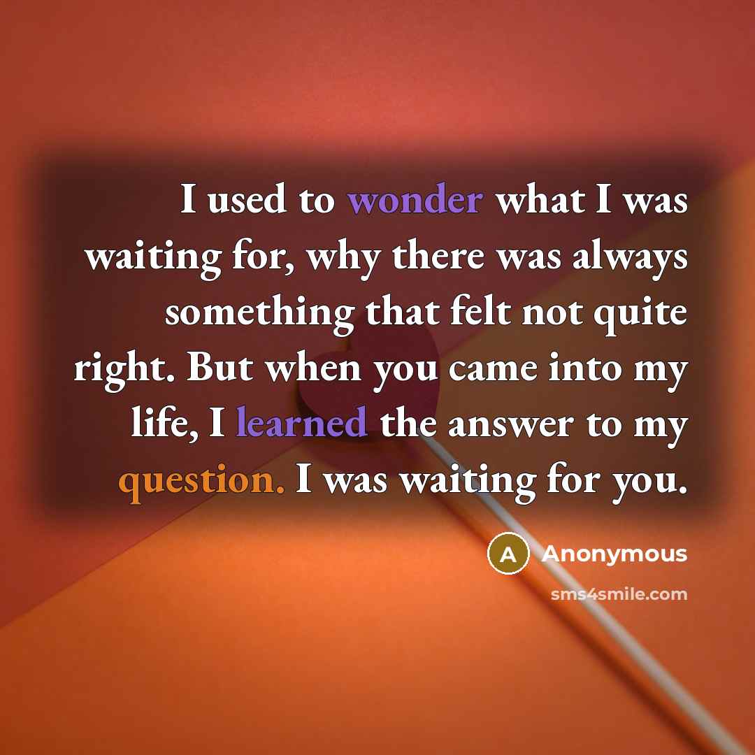 “I used to wonder what I was waiting for, why there was always something that felt not quite right. But when you came into my life, I learned the answer to my question. I was waiting for you.” quote by Anonymous