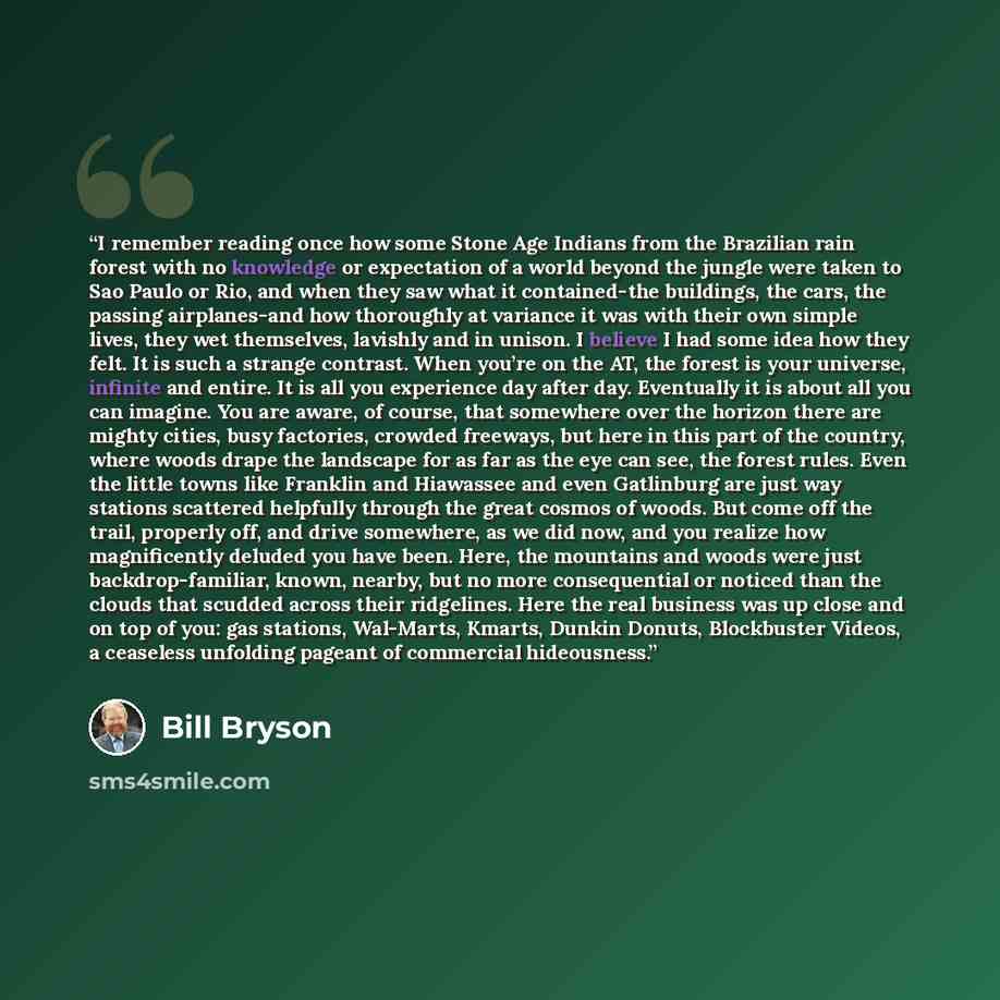 “I remember reading once how some Stone Age Indians from the Brazilian rain forest with no knowledge or expectation of a world beyond the jungle were taken to Sao Paulo or Rio, and when they saw what it contained-the buildings, the cars, the passing airplanes-and how thoroughly at variance it was…” quote by Bill Bryson