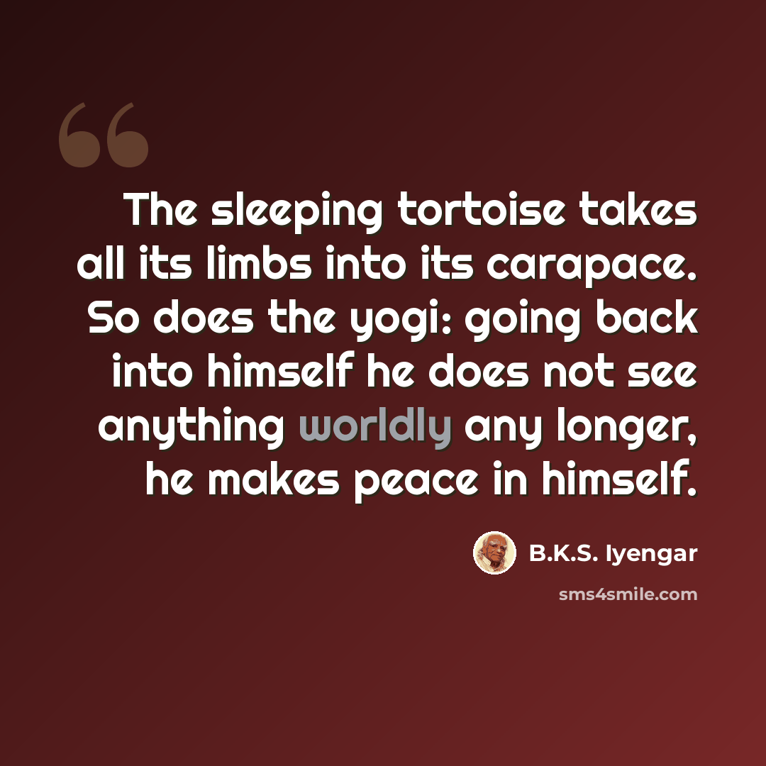 “The sleeping tortoise takes all its limbs into its carapace. So does the yogi: going back into himself he does not see anything worldly any longer, he makes peace in himself.” quote by B.K.S. Iyengar
