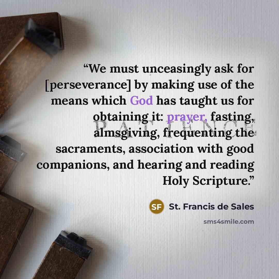 “We must unceasingly ask for [perseverance] by making use of the means which God has taught us for obtaining it: prayer, fasting, almsgiving, frequenting the sacraments, association with good companions, and hearing and reading Holy Scripture.” quote by St. Francis de Sales