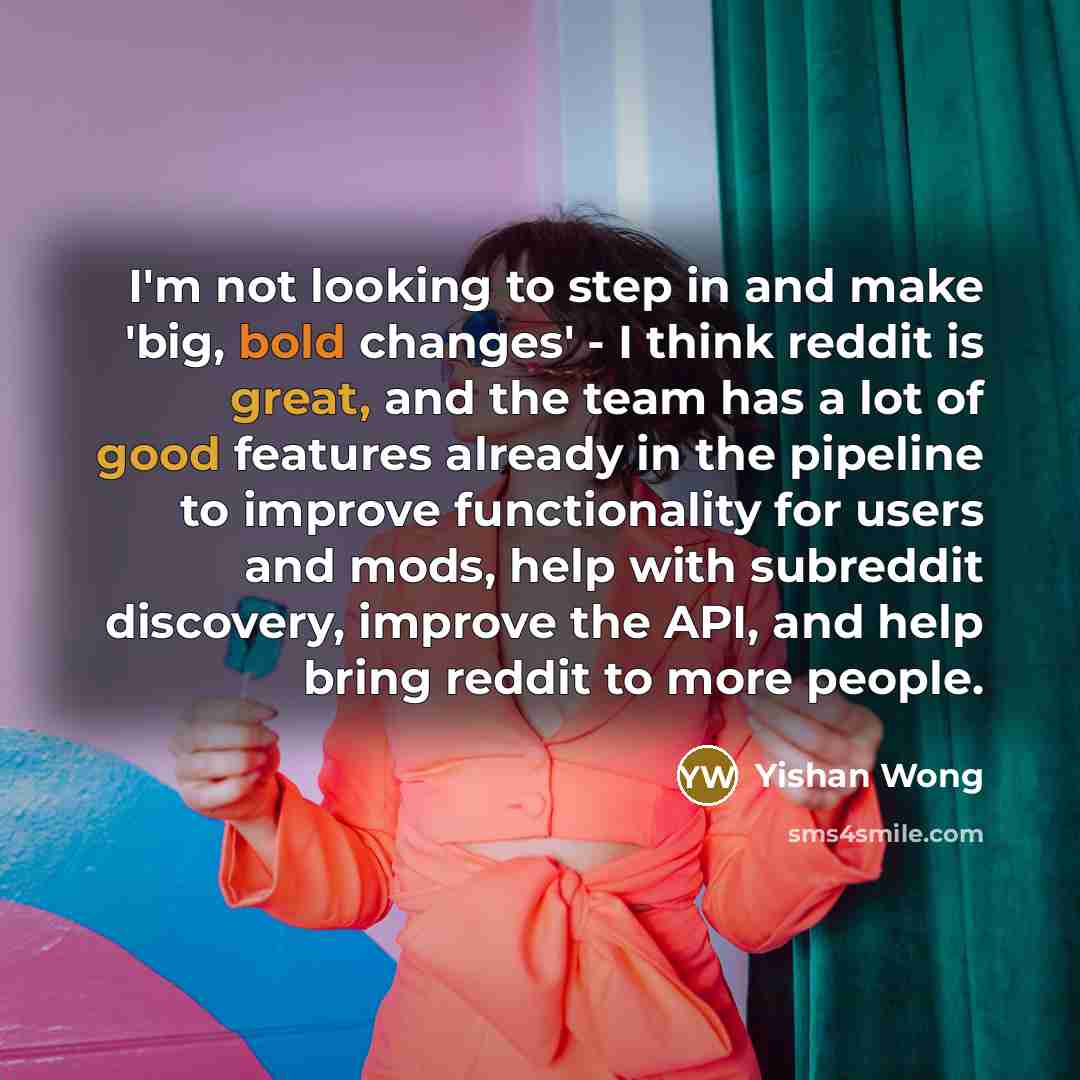 “I'm not looking to step in and make 'big, bold changes' - I think reddit is great, and the team has a lot of good features already in the pipeline to improve functionality for users and mods, help with subreddit discovery, improve the API, and help bring reddit to more people.” quote by Yishan Wong