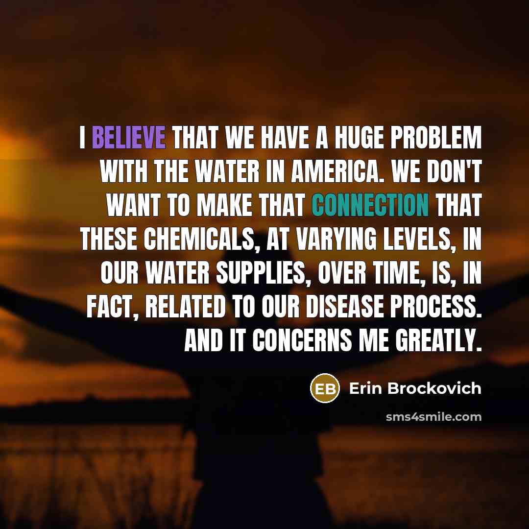 “I believe that we have a huge problem with the water in America. We don't want to make that connection that these chemicals, at varying levels, in our water supplies, over time, is, in fact, related to our disease process. And it concerns me greatly.” quote by Erin Brockovich