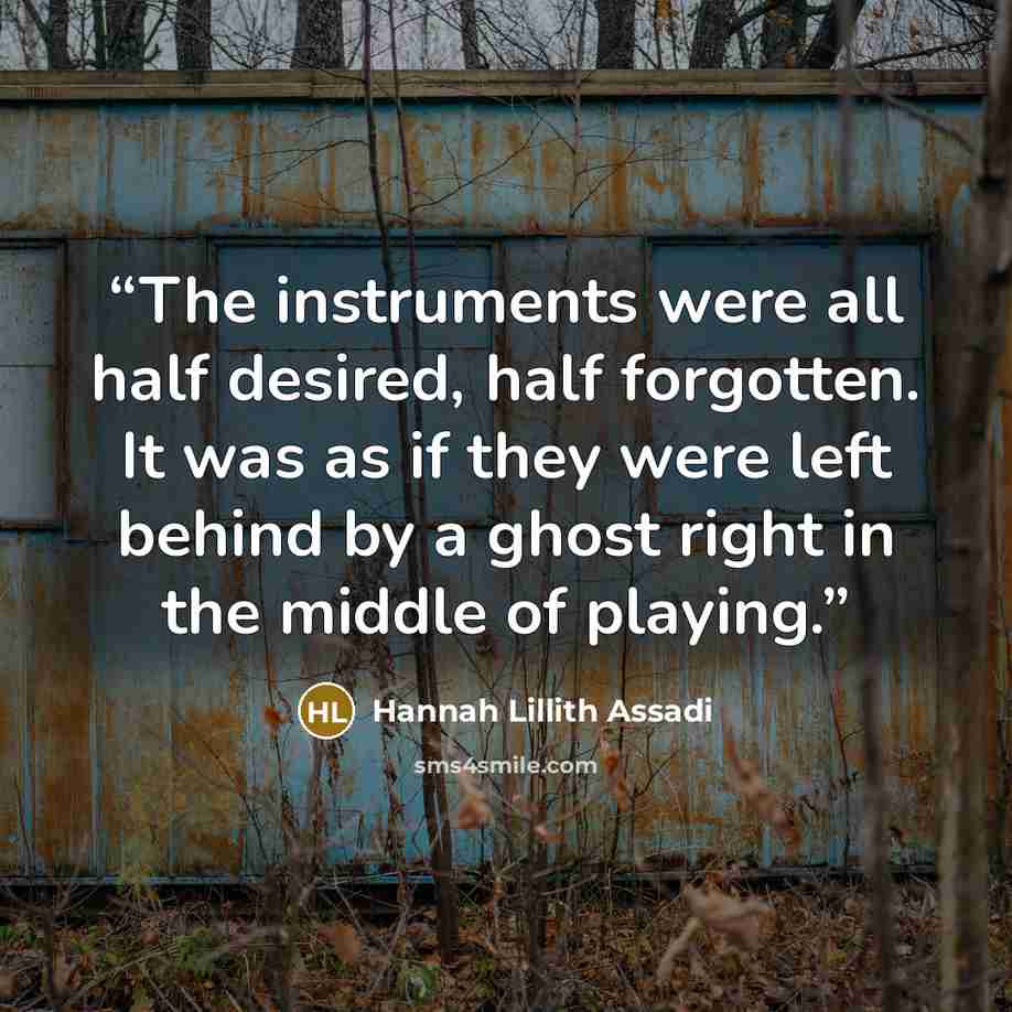 “The instruments were all half desired, half forgotten. It was as if they were left behind by a ghost right in the middle of playing.” quote by Hannah Lillith Assadi