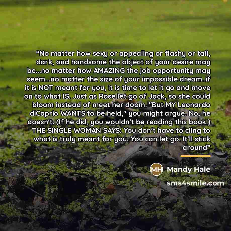 “No matter how sexy or appealing or flashy or tall, dark, and handsome the object of your desire may be...no matter how AMAZING the job opportunity may seem...no matter the size of your impossible dream..if it is NOT meant for you, it is time to let it go and move on to what IS. Just as Rose let go…” quote by Mandy Hale