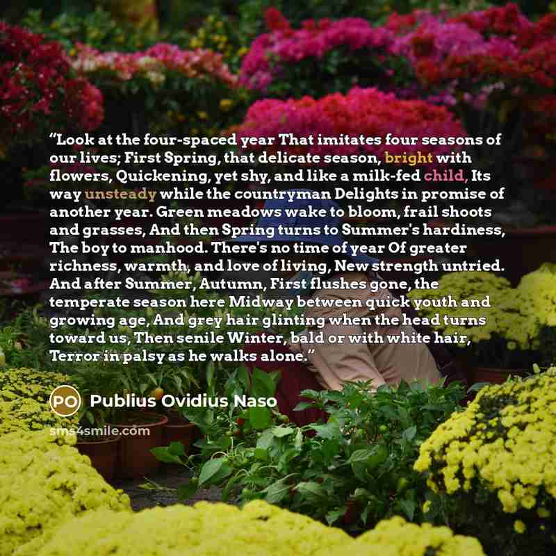 “Look at the four-spaced year That imitates four seasons of our lives; First Spring, that delicate season, bright with flowers, Quickening, yet shy, and like a milk-fed child, Its way unsteady while the countryman Delights in promise of another year. Green meadows wake to bloom, frail shoots and…” quote by Publius Ovidius Naso
