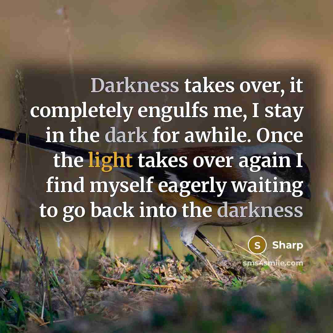 “Darkness takes over, it completely engulfs me, I stay in the dark for awhile. Once the light takes over again I find myself eagerly waiting to go back into the darkness” quote by Sharp