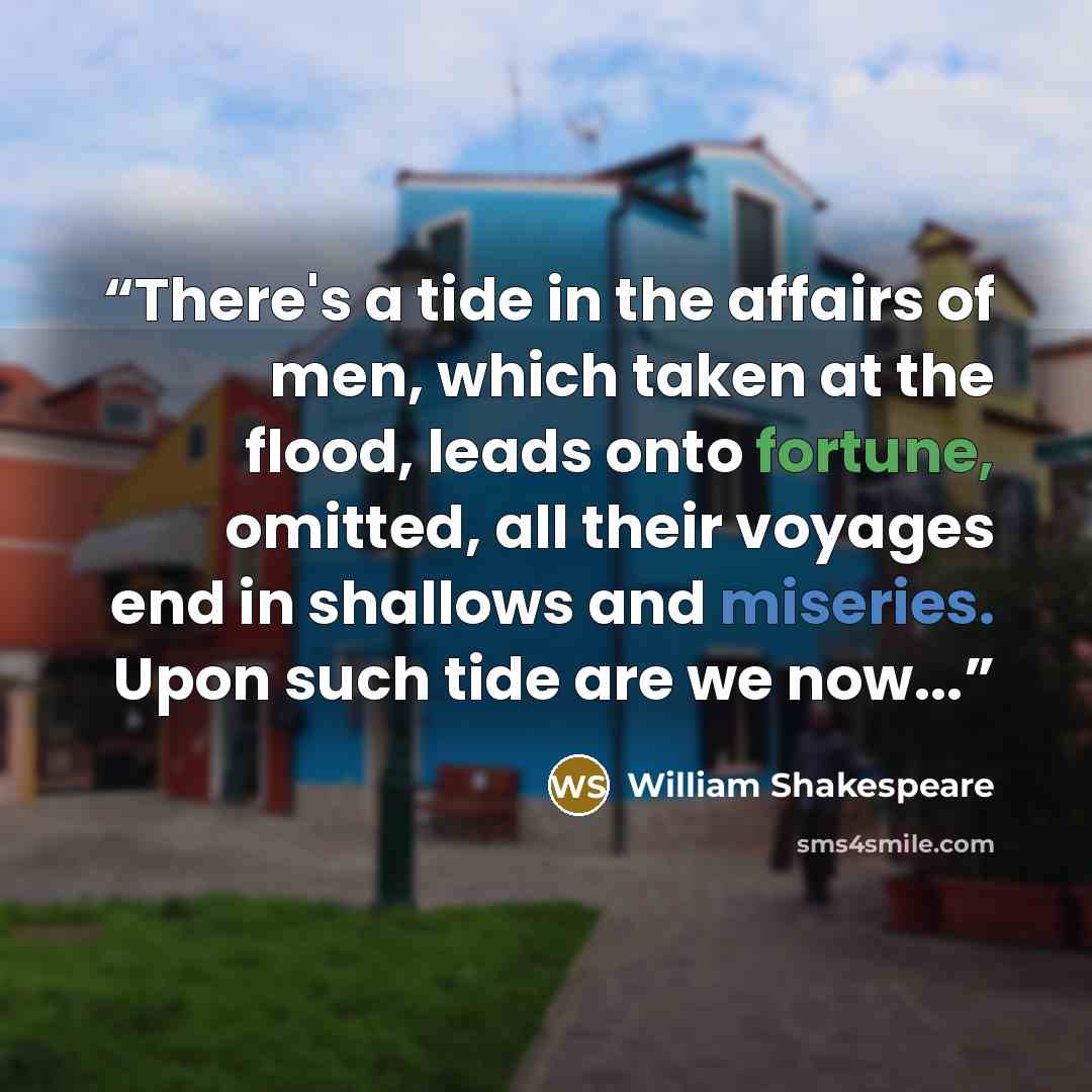 “There's a tide in the affairs of men, which taken at the flood, leads onto fortune, omitted, all their voyages end in shallows and miseries. Upon such tide are we now...” quote by William Shakespeare