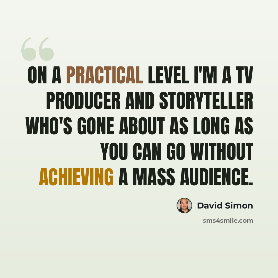 “On a practical level I'm a TV producer and storyteller who's gone about as long as you can go without achieving a mass audience.” quote by David Simon