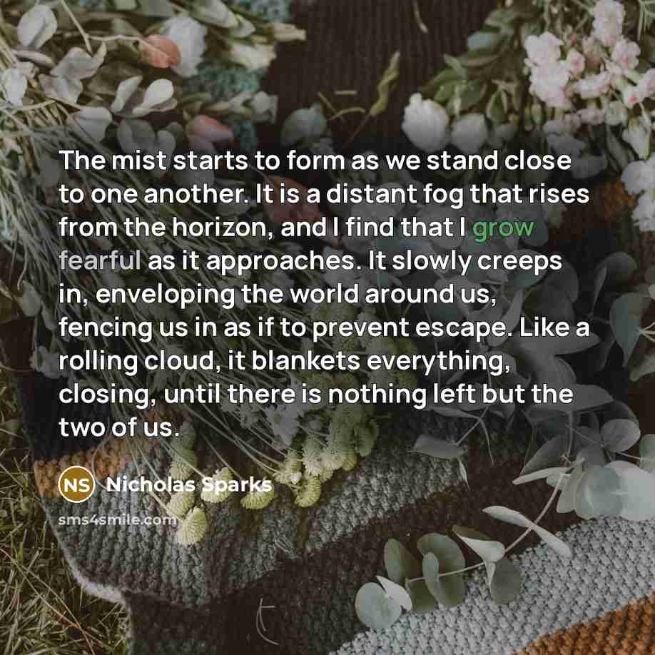 “The mist starts to form as we stand close to one another. It is a distant fog that rises from the horizon, and I find that I grow fearful as it approaches. It slowly creeps in, enveloping the world around us, fencing us in as if to prevent escape. Like a rolling cloud, it blankets everything…” quote by Nicholas Sparks