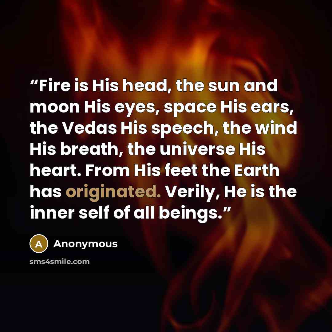 “Fire is His head, the sun and moon His eyes, space His ears, the Vedas His speech, the wind His breath, the universe His heart. From His feet the Earth has originated. Verily, He is the inner self of all beings.” quote by Anonymous