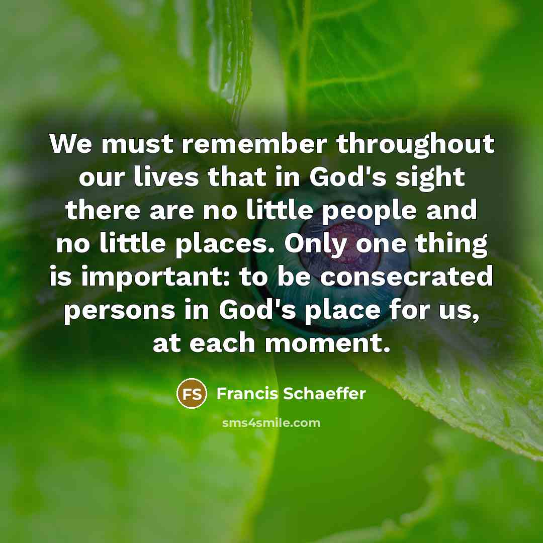 “We must remember throughout our lives that in God's sight there are no little people and no little places. Only one thing is important: to be consecrated persons in God's place for us, at each moment.” quote by Francis Schaeffer