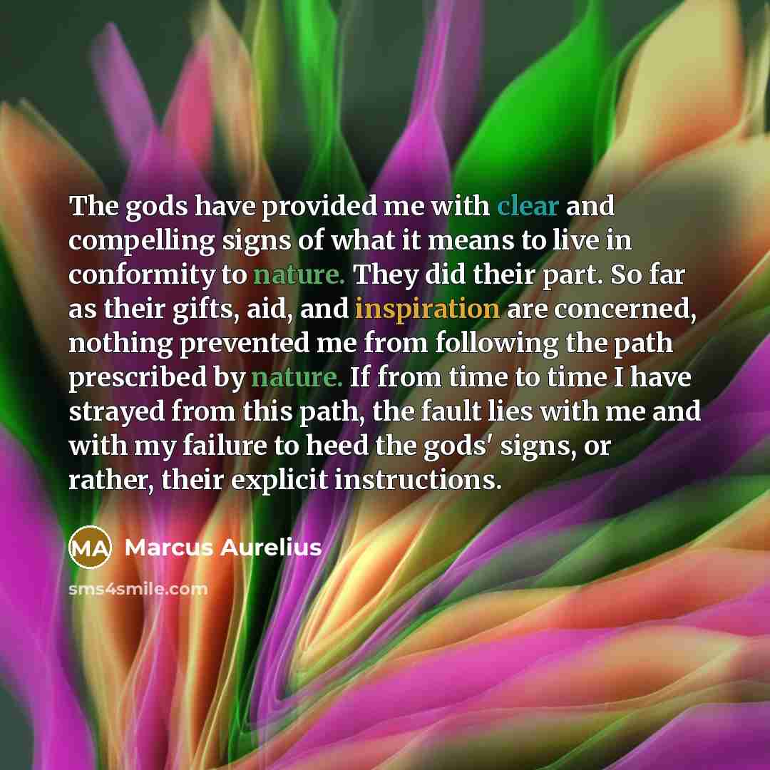 “The gods have provided me with clear and compelling signs of what it means to live in conformity to nature. They did their part. So far as their gifts, aid, and inspiration are concerned, nothing prevented me from following the path prescribed by nature. If from time to time I have strayed from…” quote by Marcus Aurelius