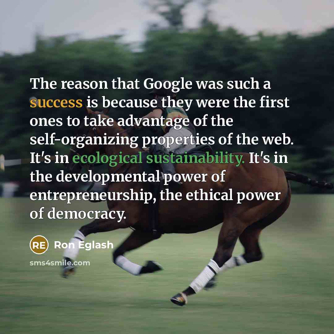 “The reason that Google was such a success is because they were the first ones to take advantage of the self-organizing properties of the web. It's in ecological sustainability. It's in the developmental power of entrepreneurship, the ethical power of democracy.” quote by Ron Eglash