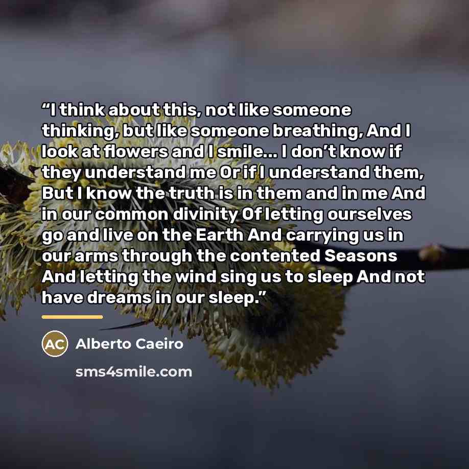 “I think about this, not like someone thinking, but like someone breathing, And I look at flowers and I smile... I don’t know if they understand me Or if I understand them, But I know the truth is in them and in me And in our common divinity Of letting ourselves go and live on the Earth And…” quote by Alberto Caeiro
