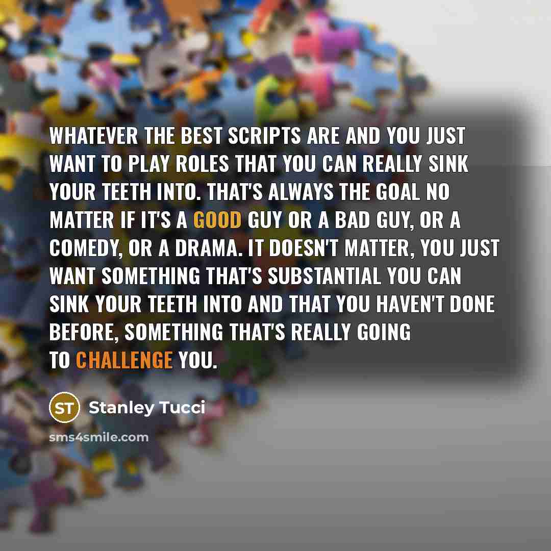 “Whatever the best scripts are and you just want to play roles that you can really sink your teeth into. That's always the goal no matter if it's a good guy or a bad guy, or a comedy, or a drama. It doesn't matter, you just want something that's substantial you can sink your teeth into and that you…” quote by Stanley Tucci