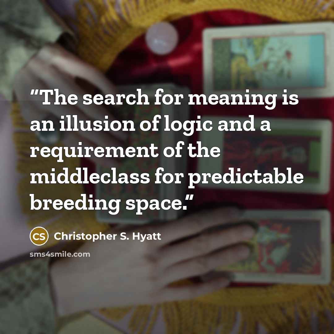 “The search for meaning is an illusion of logic and a requirement of the middleclass for predictable breeding space.” quote by Christopher S. Hyatt