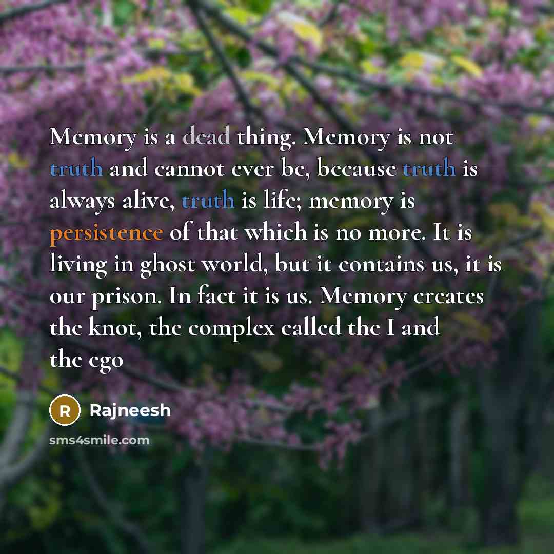 “Memory is a dead thing. Memory is not truth and cannot ever be, because truth is always alive, truth is life; memory is persistence of that which is no more. It is living in ghost world, but it contains us, it is our prison. In fact it is us. Memory creates the knot, the complex called the I and…” quote by Rajneesh