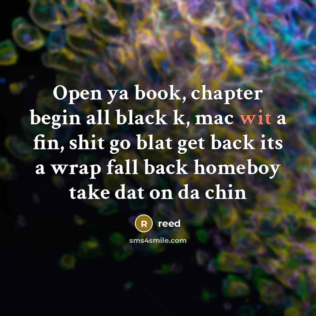 “Open ya book, chapter begin all black k, mac wit a fin, shit go blat get back its a wrap fall back homeboy take dat on da chin” quote by Reed