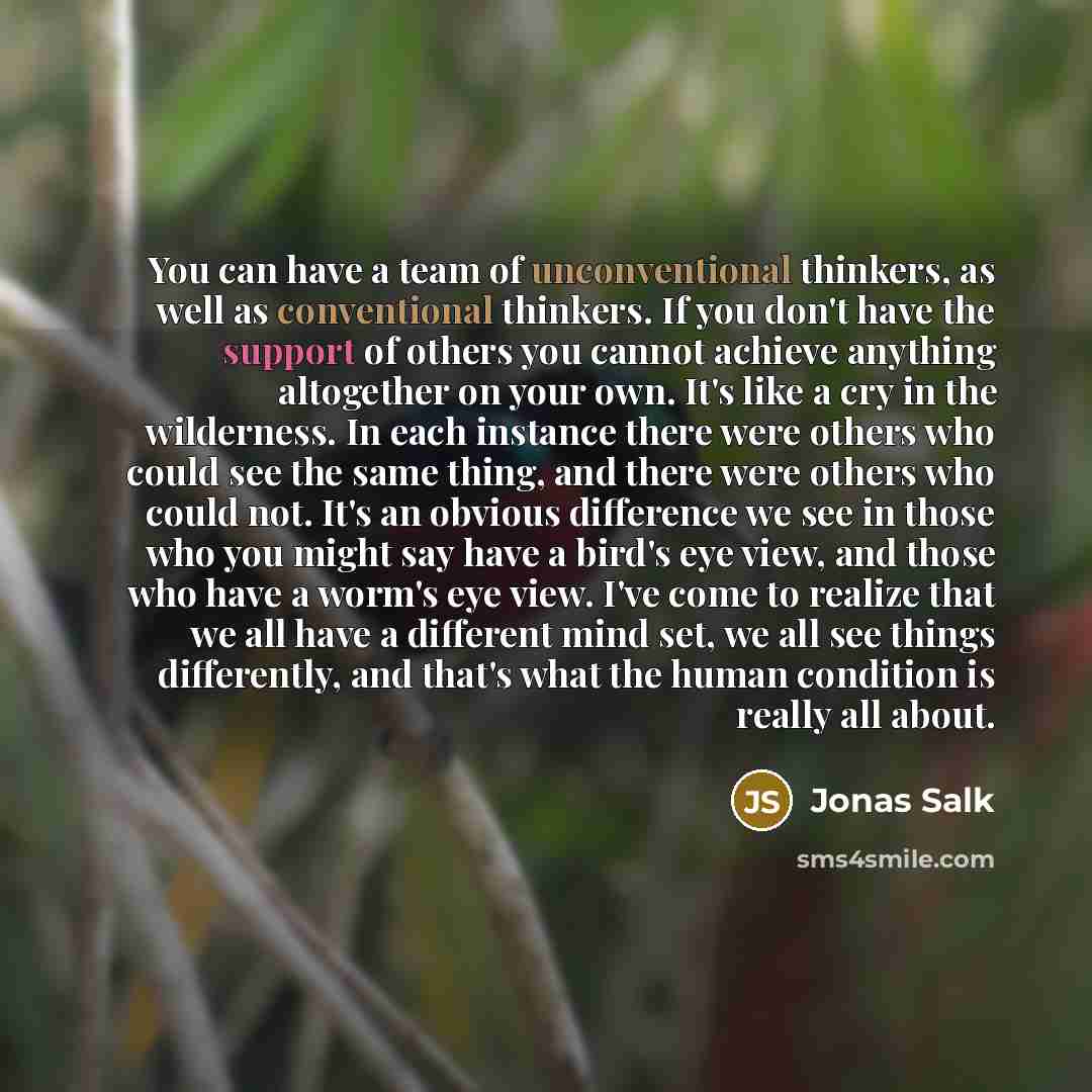 “You can have a team of unconventional thinkers, as well as conventional thinkers. If you don't have the support of others you cannot achieve anything altogether on your own. It's like a cry in the wilderness. In each instance there were others who could see the same thing, and there were others…” quote by Jonas Salk
