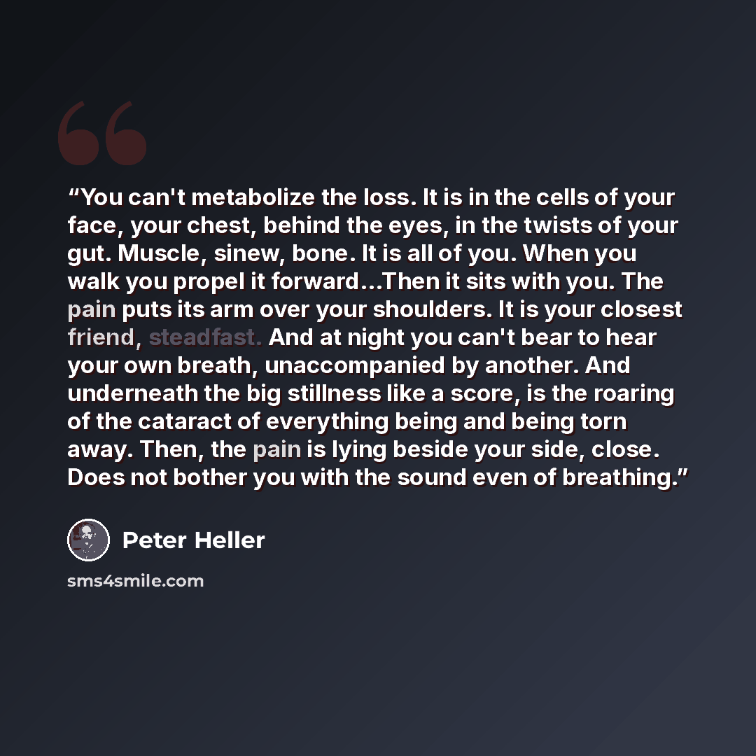 “You can't metabolize the loss. It is in the cells of your face, your chest, behind the eyes, in the twists of your gut. Muscle, sinew, bone. It is all of you. When you walk you propel it forward…Then it sits with you. The pain puts its arm over your shoulders. It is your closest friend, steadfast…” quote by Peter Heller