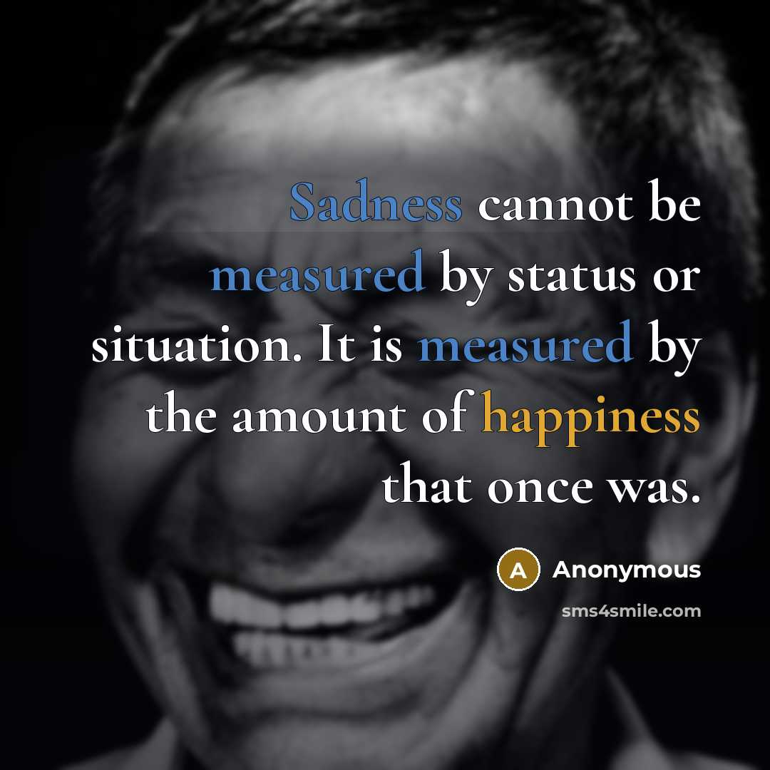“Sadness cannot be measured by status or situation. It is measured by the amount of happiness that once was.” quote by Anonymous