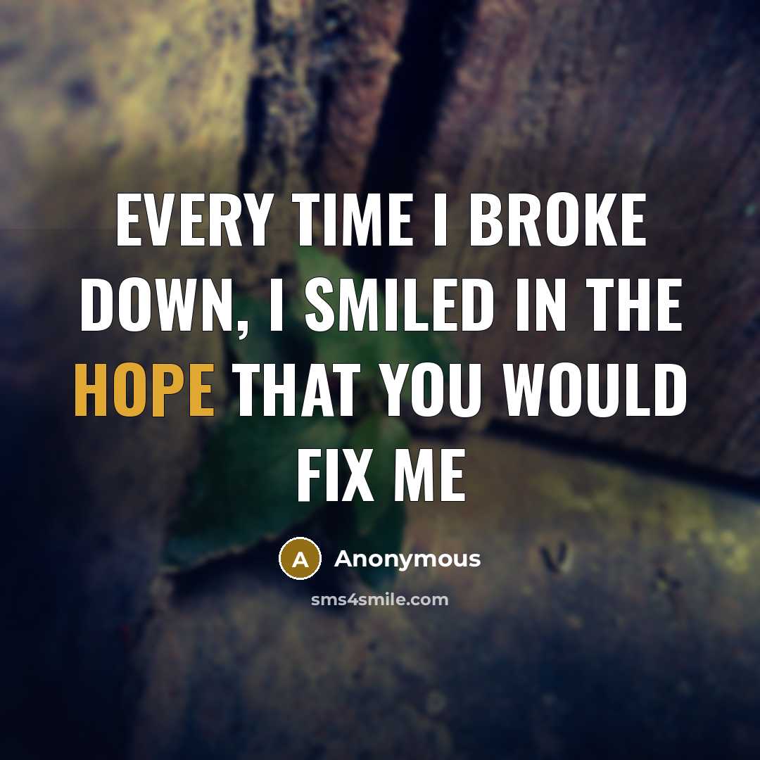 “Every time I broke down, I smiled in the hope that you would fix me” quote by Anonymous