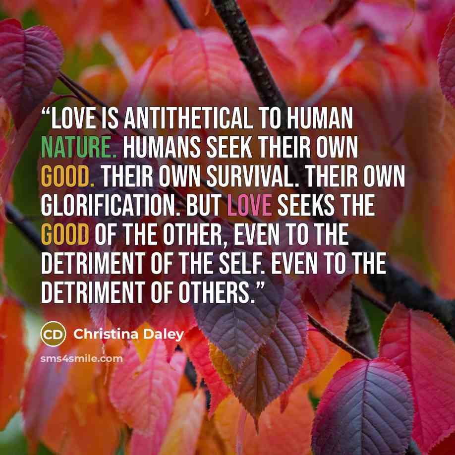 “Love is antithetical to human nature. Humans seek their own good. Their own survival. Their own glorification. But love seeks the good of the other, even to the detriment of the self. Even to the detriment of others.” quote by Christina Daley