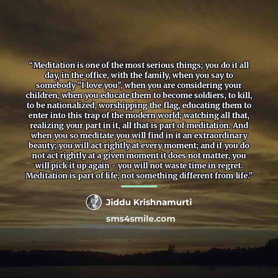 “Meditation is one of the most serious things; you do it all day, in the office, with the family, when you say to somebody "I love you", when you are considering your children, when you educate them to become soldiers, to kill, to be nationalized, worshipping the flag, educating them to enter into…” quote by Jiddu Krishnamurti