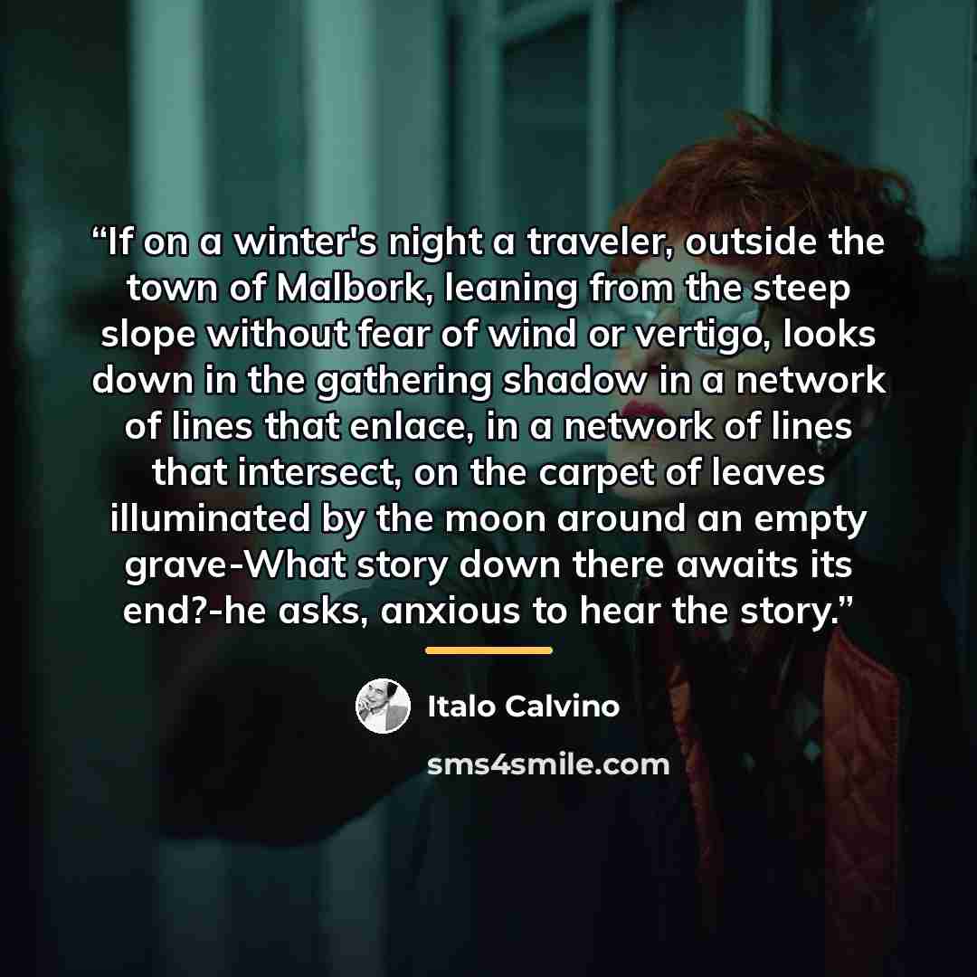 “If on a winter's night a traveler, outside the town of Malbork, leaning from the steep slope without fear of wind or vertigo, looks down in the gathering shadow in a network of lines that enlace, in a network of lines that intersect, on the carpet of leaves illuminated by the moon around an empty…” quote by Italo Calvino