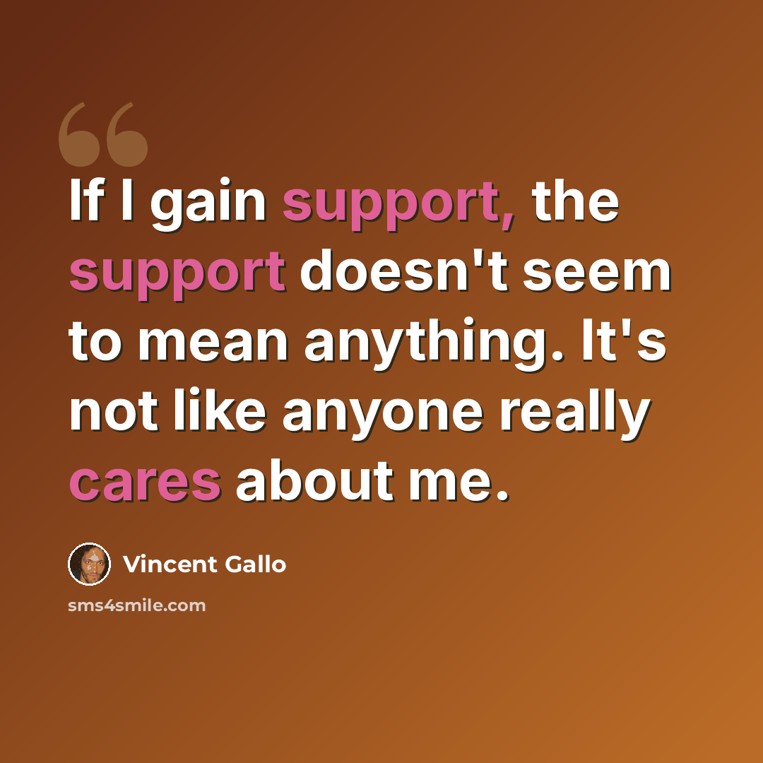 “If I gain support, the support doesn't seem to mean anything. It's not like anyone really cares about me.” quote by Vincent Gallo