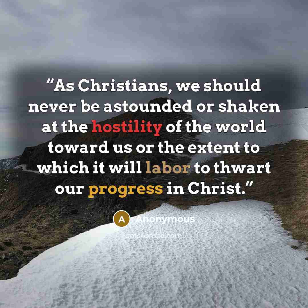 “As Christians, we should never be astounded or shaken at the hostility of the world toward us or the extent to which it will labor to thwart our progress in Christ.” quote by Anonymous