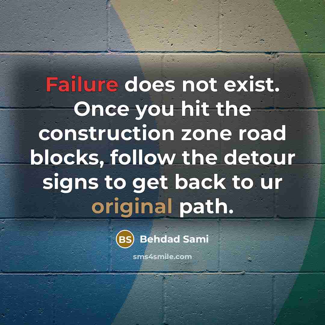 “Failure does not exist. Once you hit the construction zone road blocks, follow the detour signs to get back to ur original path.” quote by Behdad Sami