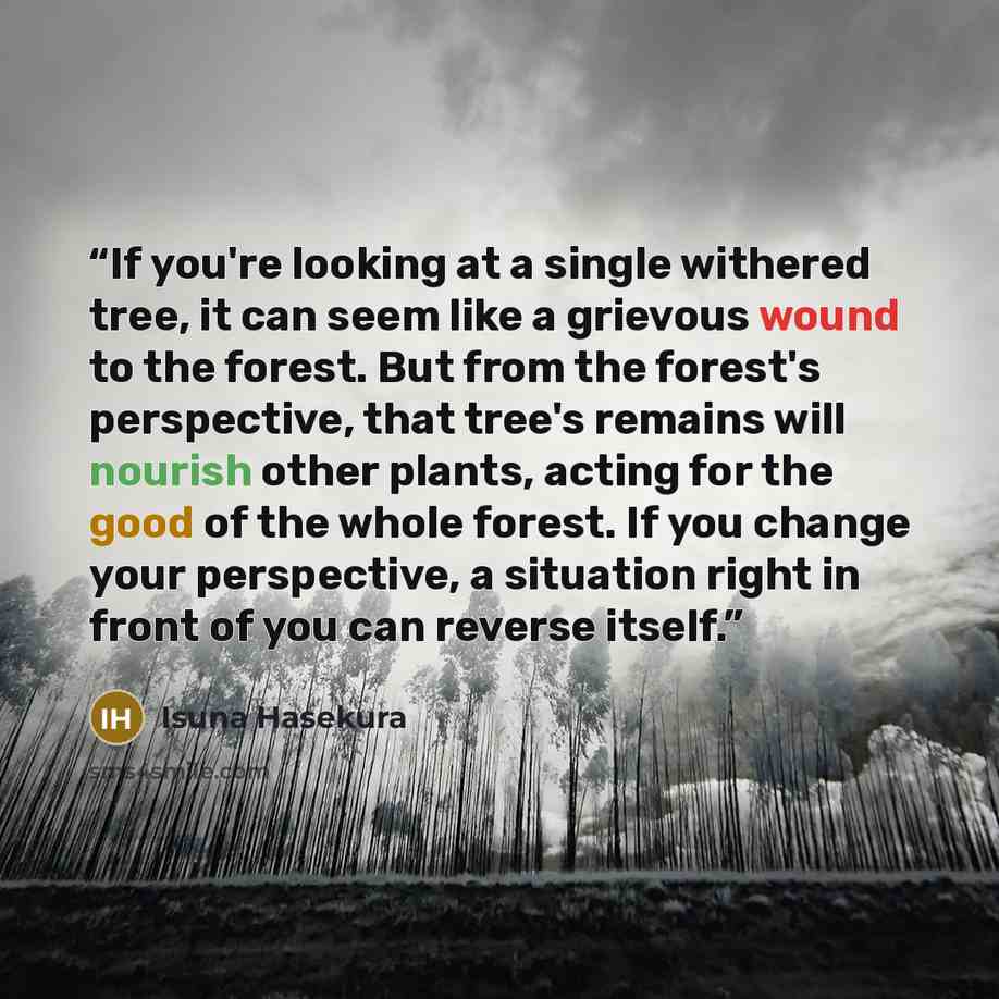 “If you're looking at a single withered tree, it can seem like a grievous wound to the forest. But from the forest's perspective, that tree's remains will nourish other plants, acting for the good of the whole forest. If you change your perspective, a situation right in front of you can reverse…” quote by Isuna Hasekura
