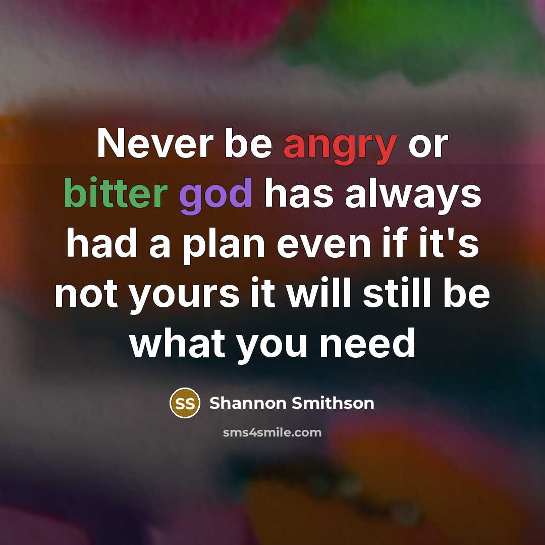 “Never be angry or bitter god has always had a plan even if it's not yours it will still be what you need” quote by Shannon Smithson