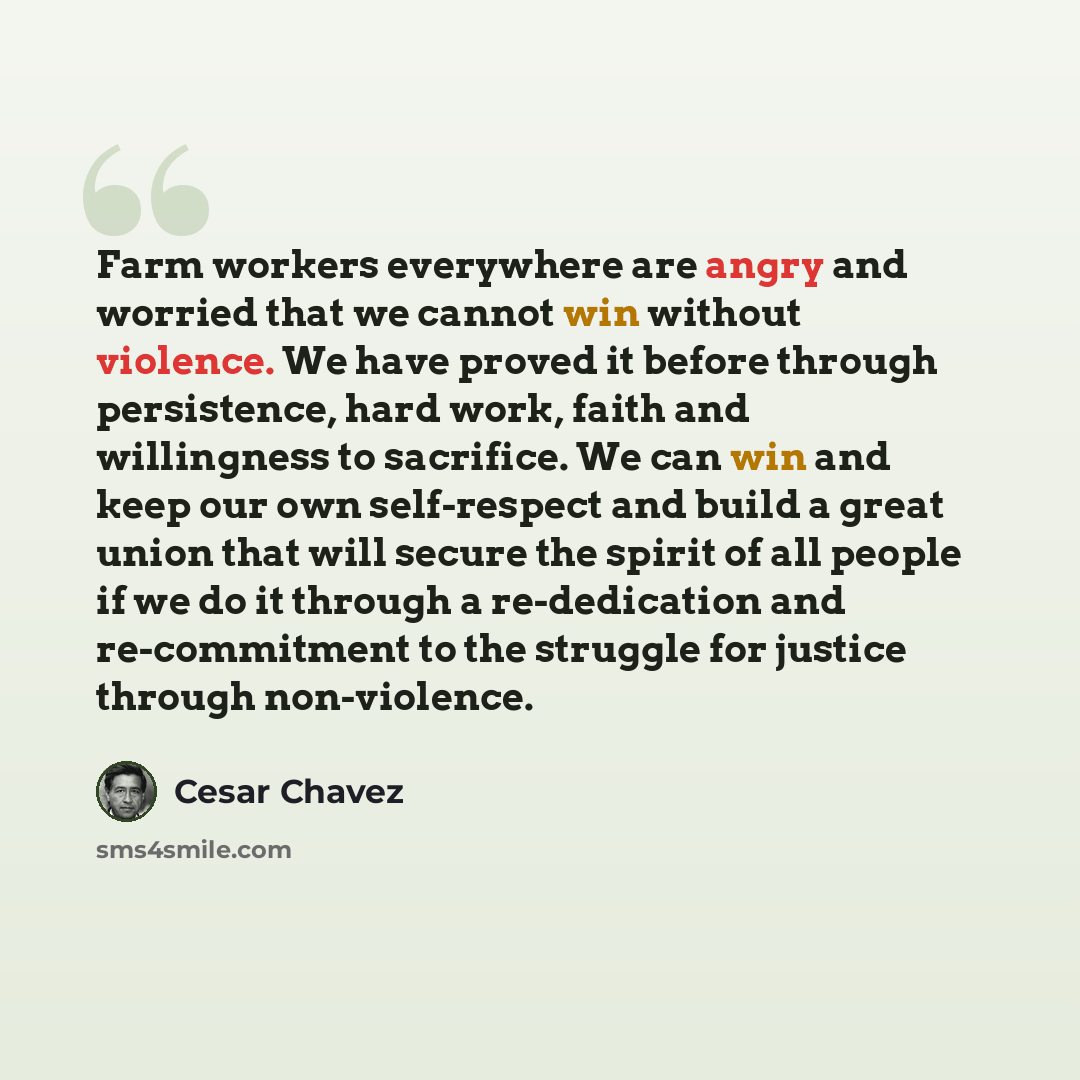 “Farm workers everywhere are angry and worried that we cannot win without violence. We have proved it before through persistence, hard work, faith and willingness to sacrifice. We can win and keep our own self-respect and build a great union that will secure the spirit of all people if we do it…” quote by Cesar Chavez