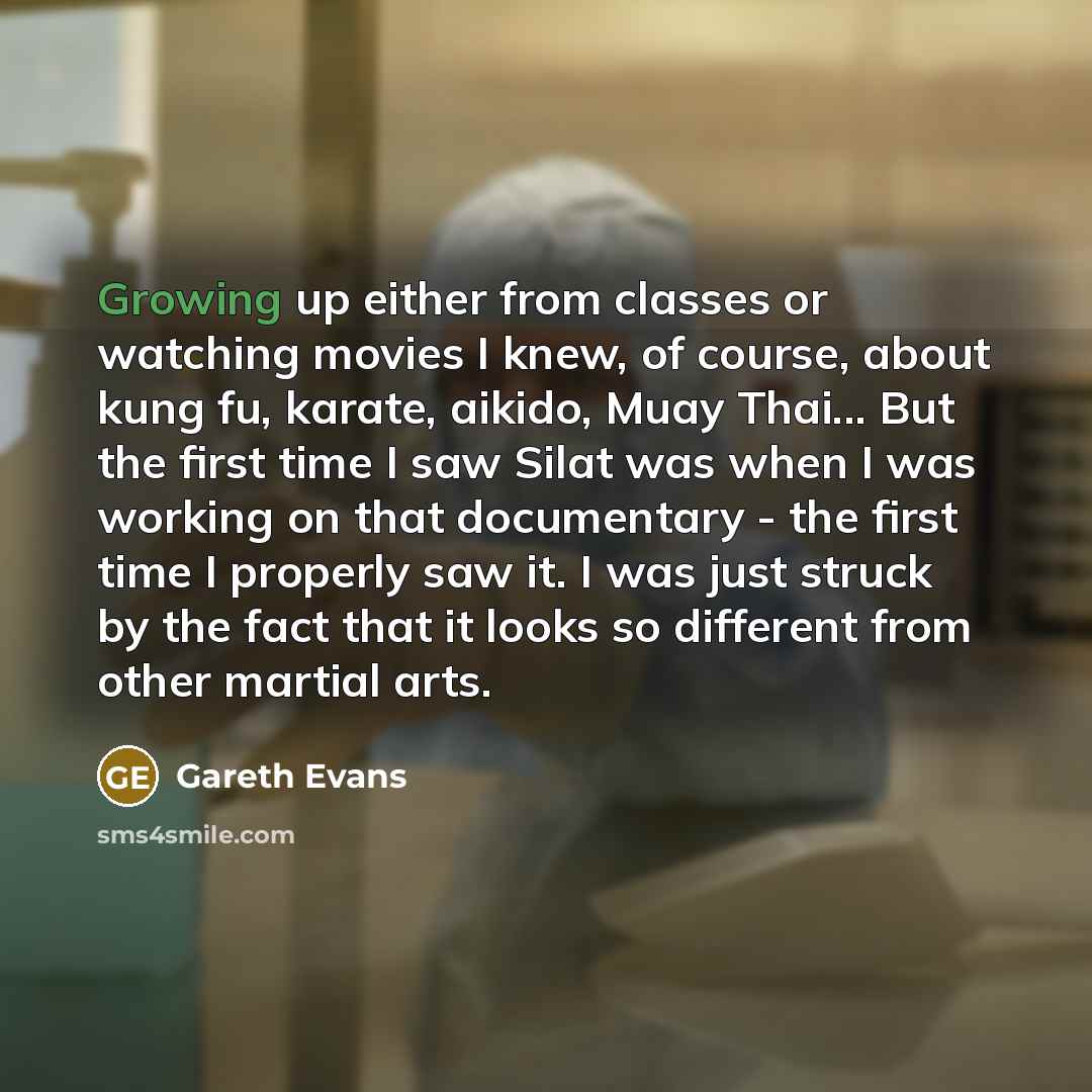 “Growing up either from classes or watching movies I knew, of course, about kung fu, karate, aikido, Muay Thai... But the first time I saw Silat was when I was working on that documentary - the first time I properly saw it. I was just struck by the fact that it looks so different from other martial…” quote by Gareth Evans