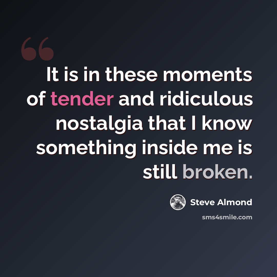 “It is in these moments of tender and ridiculous nostalgia that I know something inside me is still broken.” quote by Steve Almond
