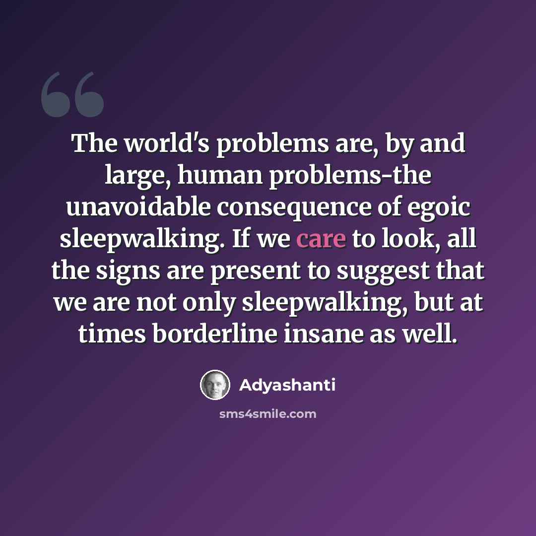 “The world's problems are, by and large, human problems-the unavoidable consequence of egoic sleepwalking. If we care to look, all the signs are present to suggest that we are not only sleepwalking, but at times borderline insane as well.” quote by Adyashanti