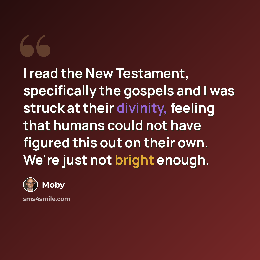 “I read the New Testament, specifically the gospels and I was struck at their divinity, feeling that humans could not have figured this out on their own. We're just not bright enough.” quote by Moby
